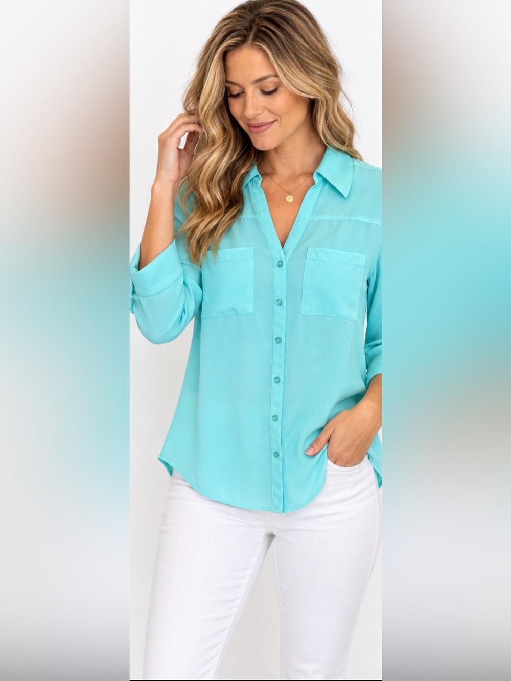 162 Express Portofino Shirt XS Aqua Turquoise Button Front Roll Tab Blouse